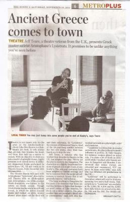 Press cutting - Jeff Teare and Lysistrata featured in The Hindu newspaper